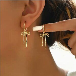 Delicate Gold Bow Dangle Stud Earrings